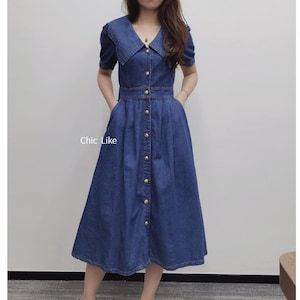 Vestido midi vaquero para mujer, con bolsillos, manga corta, cuello con volantes, cintura alta, tallas XS-1XL (EE. UU.)