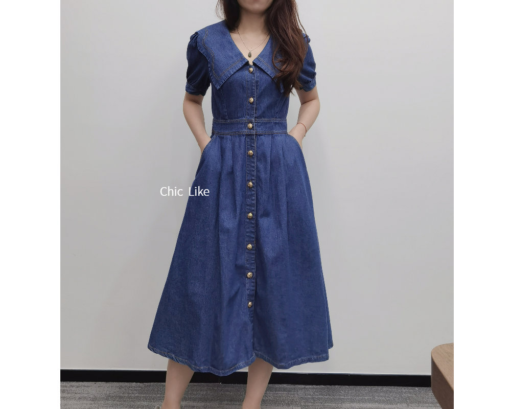 Denim Midi Dress Women, Midi Dress With Pockets, Short Sleeve