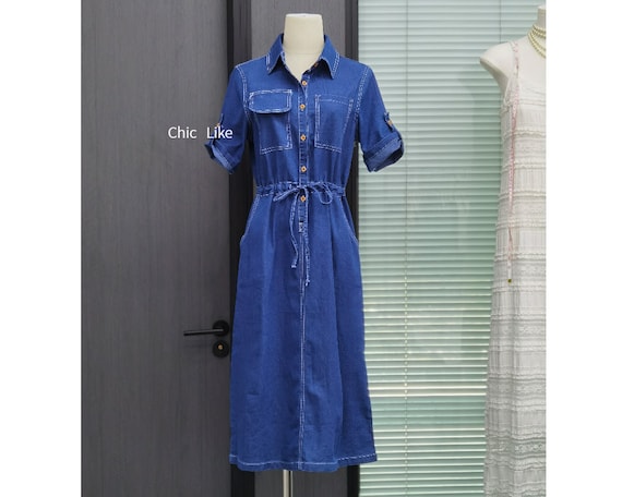 Denim Midi Dress Women, Shirt Denim Dress, Elastic Waist Denim Dress, Denim Midi Dress with Pockets, Dress with Sleeves, US Size XS-1XL