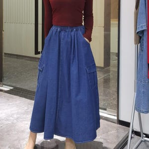 Denim Maxi Skirt Women, Casual Skirt with Pockets, Elastic Waist Skirt, High Waist Skirt, A Line Skirt, Maxi Skirt Jeans, US Size XS-1XL