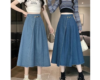 Women's denim midi skirt, High waist denim midi skirt, denim midi skirt with pockets, A-line midi skirt, Elastic waist skirt, US Size XXS-XL