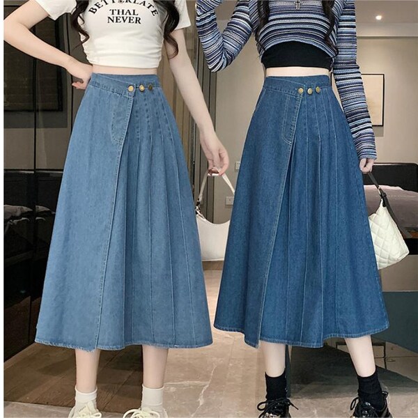 Women's denim midi skirt, High waist denim midi skirt, denim midi skirt with pockets, A-line midi skirt, Elastic waist skirt, US Size XXS-XL