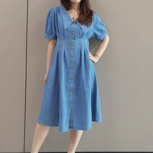 Vestido midi vaquero para mujer, con botones delanteros, manga corta, cuello con volantes, cintura alta, tallas XS-1XL (EE. UU.)