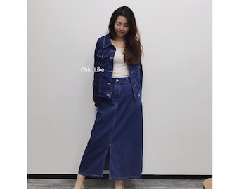 Denim midirokset dames, denim overhemdjasset, rokset met zakken, shirt met lange mouwen, midi-rokset met split, Amerikaanse maat XS-L