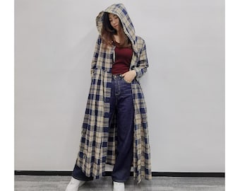 Casual Hoodie Dress Women, Plaid Jacket with Pockets, Button Front Loose Dress with Hoodie, Maxi Dress with Long Sleeves, US Size XS-XL