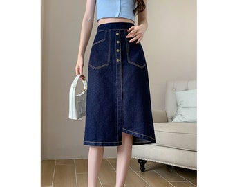 Women's Denim Midi Skirt, Denim Skirt with Pockets, High Waist Denim Skirt, Elastic Waist Midi Skirt, US Size M-2XL