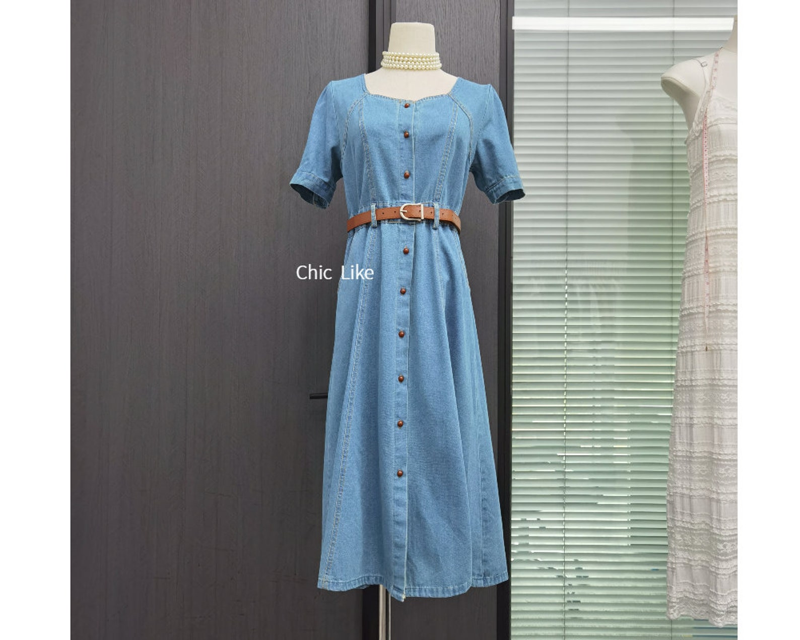 Perforated Crew Neck Half Button Short Sleeve Denim Panel Sweater Midi Dress