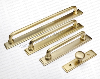 High End Unlacquered Brass Button Pulls with Bevel Backplate - Satin Brass