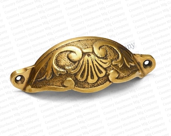 Antique Ornate Bin Pull - Unlacquered Brass Cup Pull