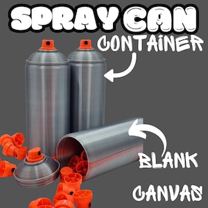 Può includere: Immagine di contenitori di bombolette spray e ugelli di spruzzo arancioni. L'immagine include il testo "SPRAY CAN CONTAINER" e "BLANK CANVAS". Le bombolette spray sono argentate con ugelli arancioni.