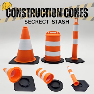 May include: Orange and white construction cones and barrels with the text "CONSTRUCTION CONES SECRET STASH". The cones and barrels are on black bases. One cone is lying on its side.