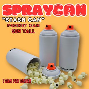 May include: White spray cans with orange nozzles, labeled "STASH CAN" and "POCKET CAN". The image shows three cans, one open, with many small, off-white caps. The text reads "5IN TALL" and "1 CAN PER ORDER".