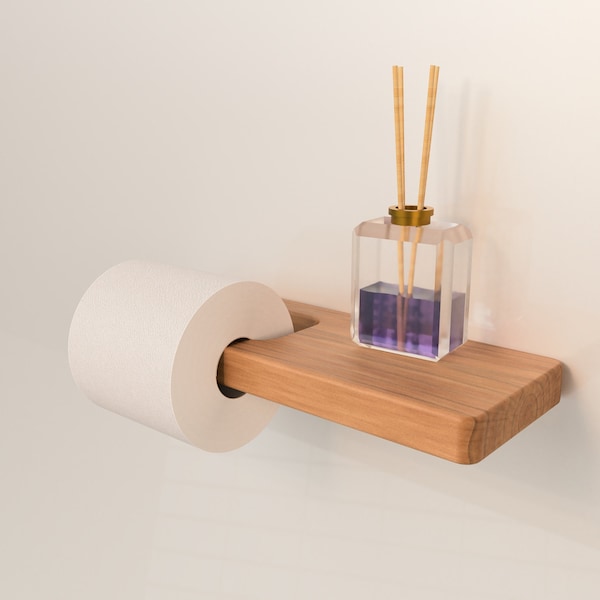 Wooden Wall Mount Toilet Paper Holder With Shelf Extra Surface for Storing Small Items Unique Wood Rack For WC, Bathroom Minimalistic.