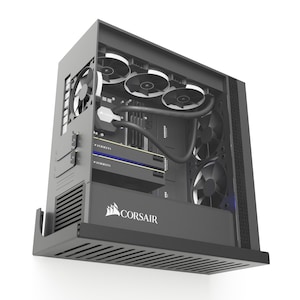 May include: A computer case with a transparent side panel, revealing internal components. The case is gray with black accents, featuring multiple fans, a liquid cooling system, and a graphics card. The Corsair logo is visible on the front.