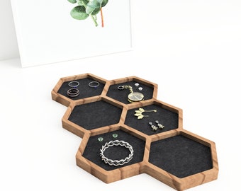 Jewelry Storage Tray For Desk Wooden Organizer For Rings Earrings And Necklace Display Six Honeycomb Shell Dividers With Felt Padding