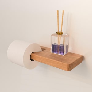 Wooden Wall Mount Toilet Paper Holder with Shelf: Minimalist Bathroom Rack