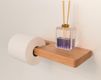 Wooden Wall Mount Toilet Paper Holder with Shelf: Minimalist Bathroom Rack