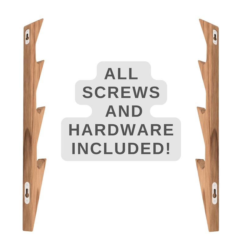May include: Two wooden wall hooks with a branch-like design. The hooks are made of natural wood and have a light brown color. The text "ALL SCREWS AND HARDWARE INCLUDED!" is displayed in white text on a gray background.
