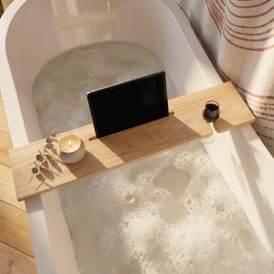Ash Wood Bathtub Tray Caddy: Wine & Tablet Holder