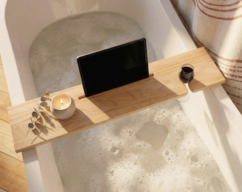 Ash Wood Bathtub Tray Caddy: Wine & Tablet Holder
