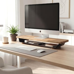 Solid Oak Monitor Stand Riser with Storage Shelf - Large Modern Desk Organizer - Black or White Base