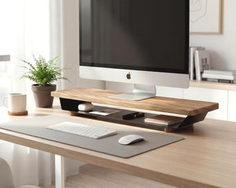 Supporto per monitor in rovere massello con ripiano portaoggetti - Grande organizer da scrivania moderno - Base nera o bianca