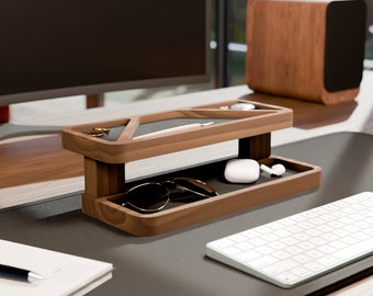 Organisateur de bureau en bois, station d'accueil, plateau de réception pour montre et bijoux avec rangement caché, cadeau pour homme et femme, inserts en feutre personnalisables