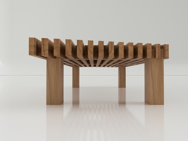 May include: A wooden coffee table with a slatted top and four legs. The table is made of natural wood and has a rustic look.