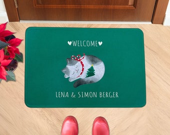 Paillasson de Noël personnalisé, Chat de Noël personnalisable, tapis d'entrée pour les fêtes, décorations de Noël, décoration