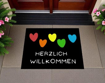 Welcome Doormat | Housewarming Gift | Wedding Gift | Family Gift | Handmade | Washable Doormat with Colorful Hearts