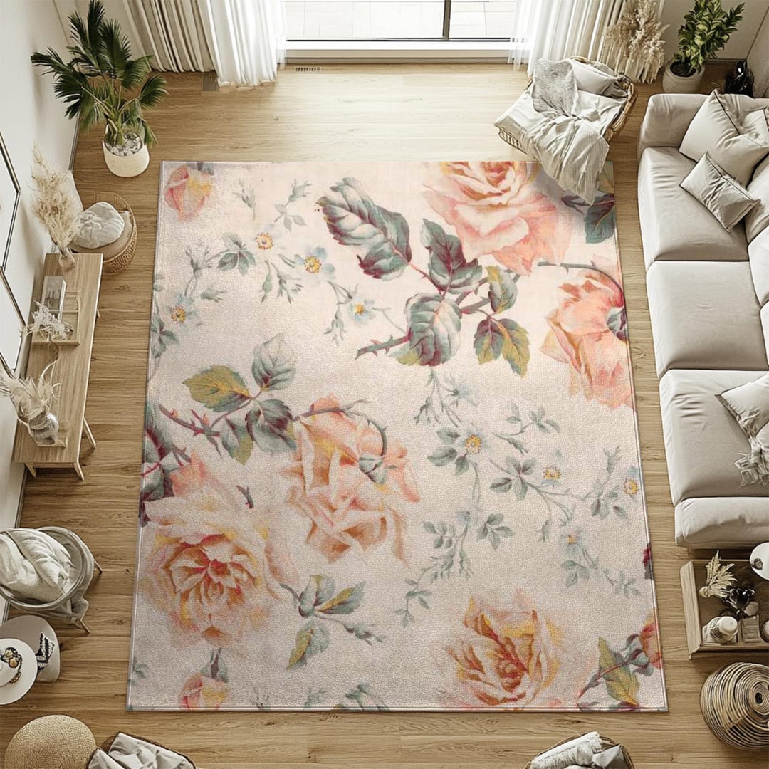 Washable Rug With Roses in Beige/pink | Vintage Style | Ideal for ...