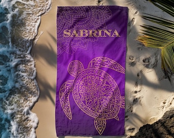 Beach towel, bath towel, turtle personalized with your own name, ideal for vacation, summer or as a birthday gift, mandala