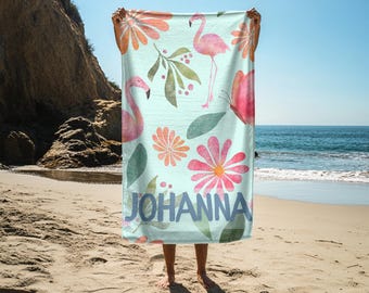 Beach towel, bath towel, lounger towel personalized with flamingos and your own name, ideal for vacation, summer or as a birthday present