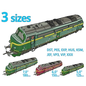 May include: Three embroidered designs of a green diesel locomotive in different sizes: 7 inches (180 mm), 6 inches (150 mm), and 5 inches (125 mm). The text "DST, PES, EXP, HUS, KSM, JEF, VP3, VIP, XXX" is also included in the image.