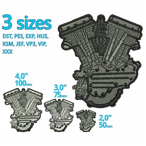 May include: Three sizes of embroidered patches depicting a motorcycle engine. The patches are 4 inches (100 mm), 3 inches (75 mm), and 2 inches (50 mm) in size. The patches are gray and black.