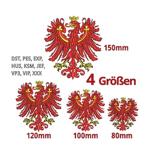Könnte beinhalten: Vier gestickte Aufnäher mit einem roten Adler mit gelber Krone und goldenen Akzenten. Die Aufnäher sind in vier Größen erhältlich: 150 mm, 120 mm, 100 mm und 80 mm. Der Text "4 Größen" ist ebenfalls im Bild enthalten.