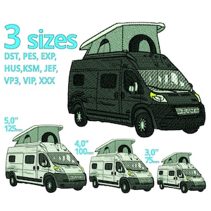 May include: Three embroidery designs of a white camper van with a pop-up roof. The designs are available in three sizes: 5.0 inches (125 mm), 4.0 inches (100 mm), and 3.0 inches (75 mm).