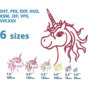Puede incluir: Un dibujo de línea rosa de una cabeza de unicornio con un cuerno, una melena y pestañas. La imagen muestra seis tamaños diferentes del diseño, que van de 5 cm a 18 cm. El texto "6 tamaños" también está incluido en la imagen.