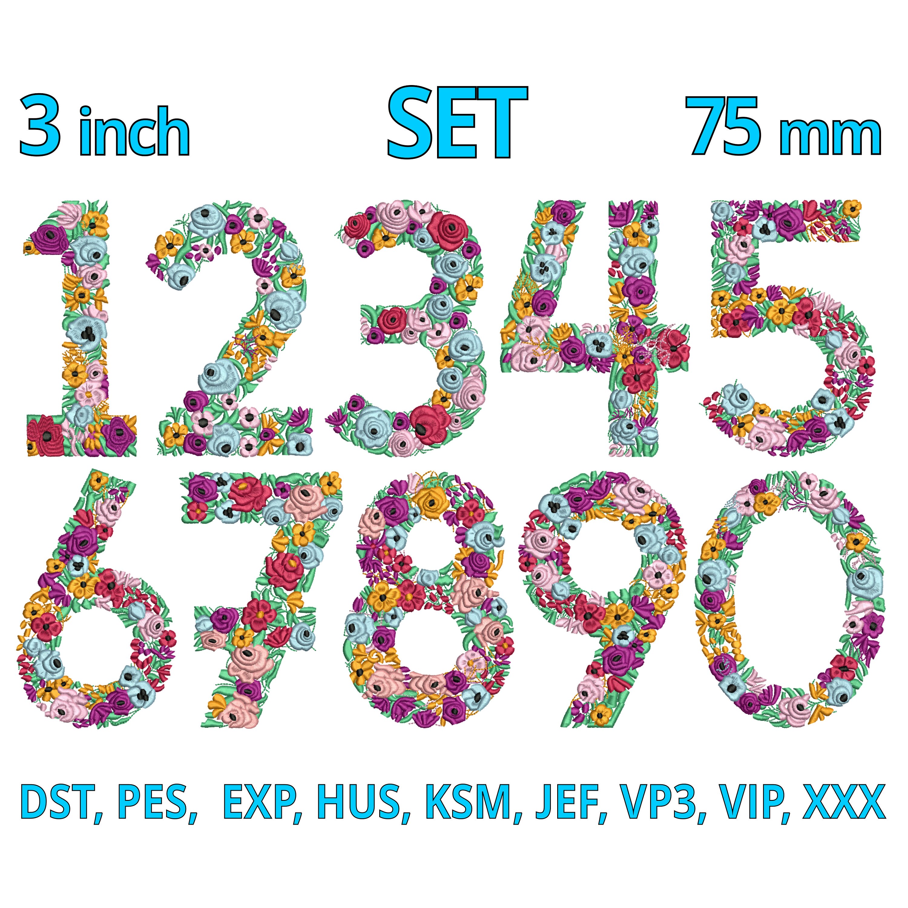 Numbers Embroidery Design | 3inch 75mm | FLORAL Number Machine ...