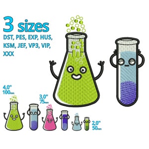 Könnte beinhalten: Drei Größen von Stickmustern für einen grünen Becher und ein blaues Reagenzglas mit Comic-Gesichtern. Der Becher ist 10 cm hoch, das Reagenzglas 7,5 cm hoch und die kleinste Größe 5 cm hoch.