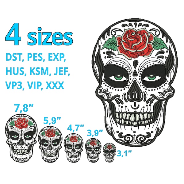 La Catrina mexican Skull head embroidery design 5 Sizes - Instand download - dia de los muertos - Calavera floral tribal death head flowers