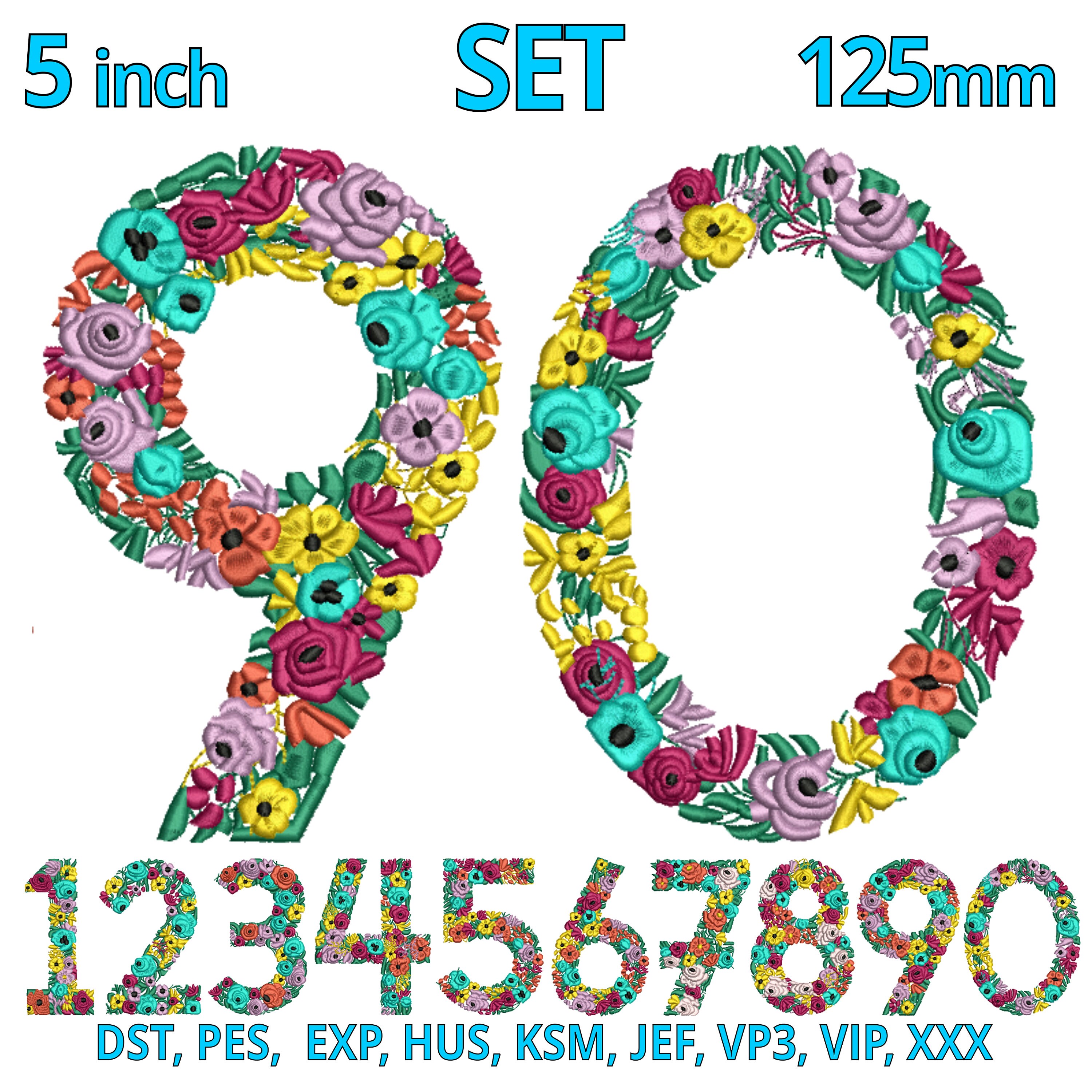 Floral Embroidery Design Numbers | SET - 5inch 125mm | Flowers Number ...