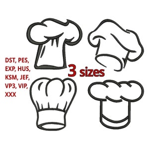 Puede incluir: Cuatro ilustraciones en blanco y negro de sombreros de chef en tres tamaños diferentes. El texto "3 tamaños" está escrito en rojo debajo de los sombreros.