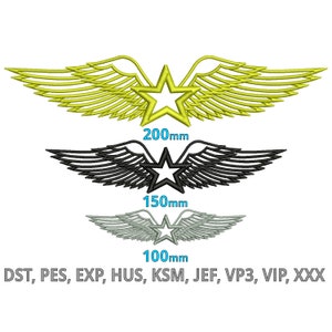 May include: Three embroidered patches featuring a star and wings in yellow, black, and grey. The patches are labelled with their sizes: 200mm, 150mm, and 100mm. The text "DST, PES, EXP, HUS, KSM, JEF, VP3, VIP, XXX" is below the patches.