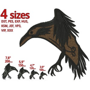 May include: Four sizes of an embroidered raven design in black and brown. The raven is in flight with its wings spread. The design is available in 7.8 inches, 5.9 inches, 4.7 inches, and 3.9 inches.