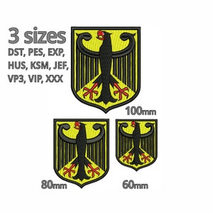 Puede incluir: Tres parches bordados para planchar con el escudo de armas alemán en negro, amarillo y rojo. Los parches están disponibles en tres tamaños: 100 mm, 80 mm y 60 mm.