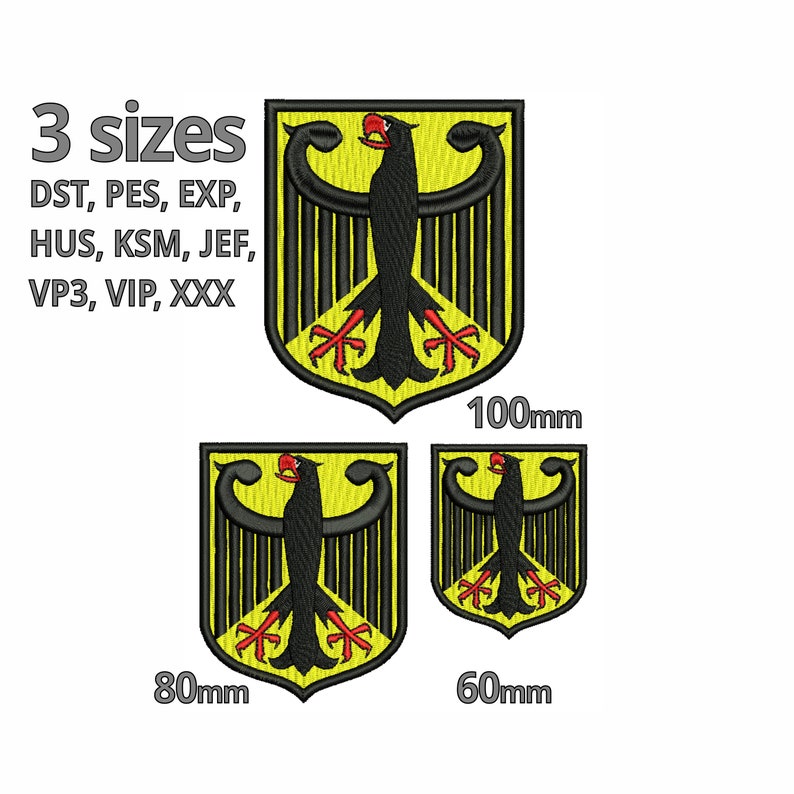 K&ouml;nnte beinhalten: Drei gestickte B&uuml;gelbilder des deutschen Bundeswappens in Schwarz, Gelb und Rot. Die Patches sind in drei Gr&ouml;&szlig;en erh&auml;ltlich: 100 mm, 80 mm und 60 mm.