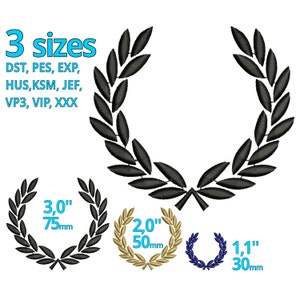 May include: Three sizes of a black laurel wreath embroidery design. The design is available in 3 inches, 2 inches, and 1.1 inches.