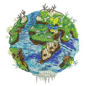 May include: Embroidered illustration of a blue and green Earth with brown continents, white ice caps, and green grass. The Earth is surrounded by small green plants and flowers.