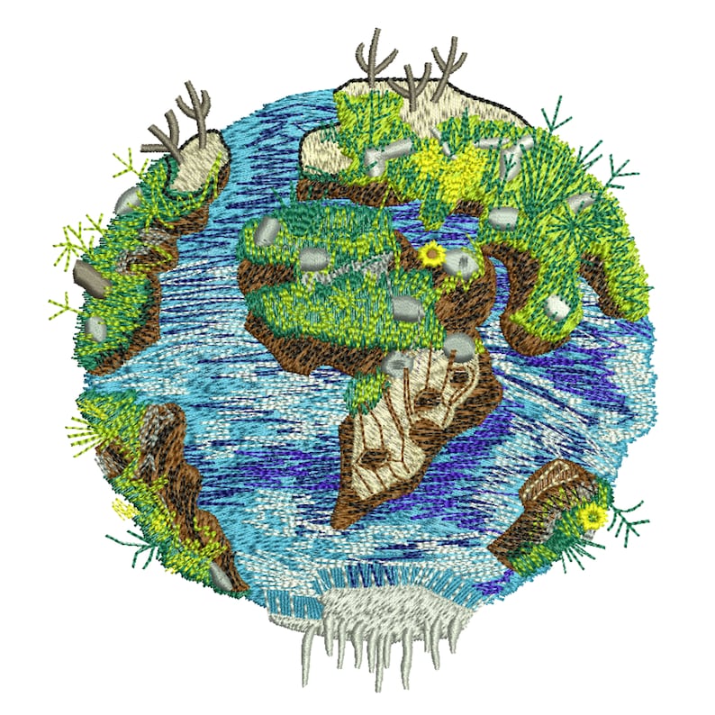 May include: Embroidered illustration of a blue and green Earth with brown continents, white ice caps, and green grass. The Earth is surrounded by small green plants and flowers.